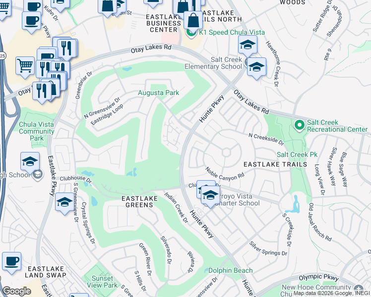map of restaurants, bars, coffee shops, grocery stores, and more near Hunte Parkway in Chula Vista