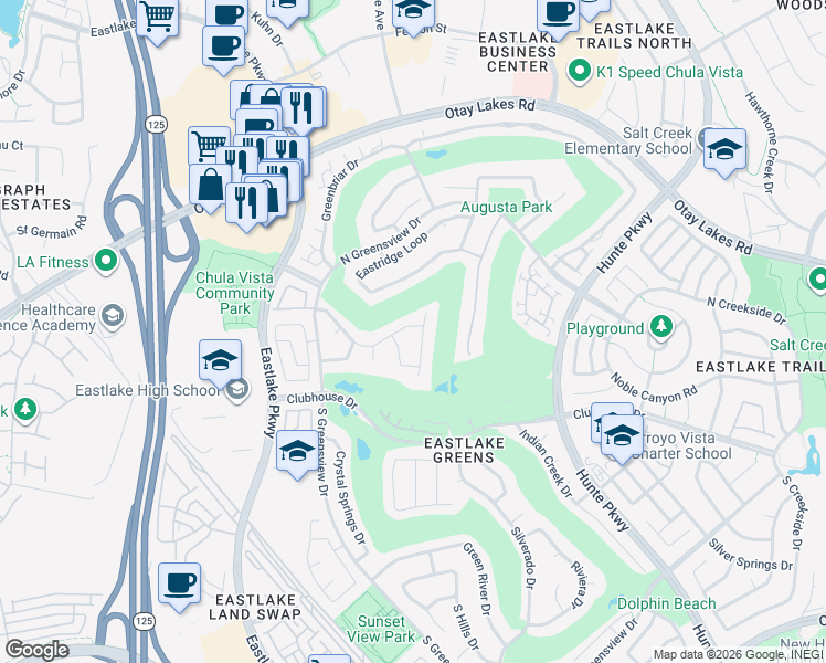 map of restaurants, bars, coffee shops, grocery stores, and more near 1095 Waterville Lake Road in Chula Vista