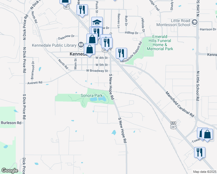 map of restaurants, bars, coffee shops, grocery stores, and more near 205 New Hope Road North in Kennedale