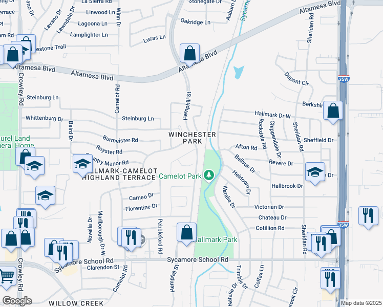 map of restaurants, bars, coffee shops, grocery stores, and more near 1101 Kielder Circle in Fort Worth