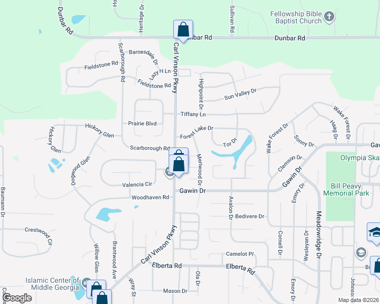 map of restaurants, bars, coffee shops, grocery stores, and more near 103 Tara Court in Warner Robins