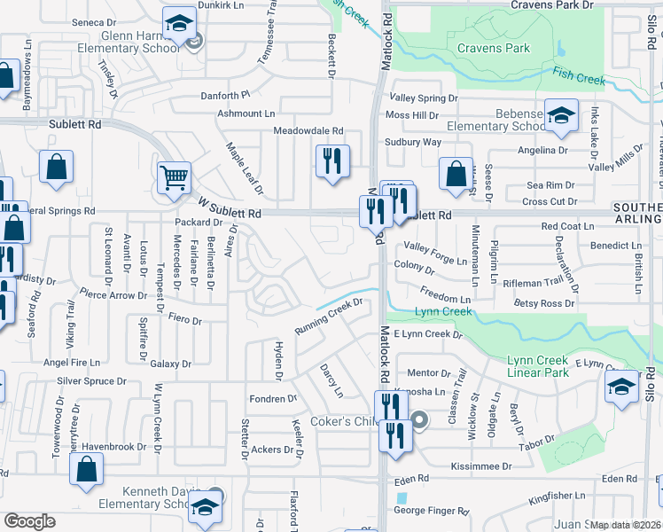 map of restaurants, bars, coffee shops, grocery stores, and more near 701 Stone Mesa Court in Arlington