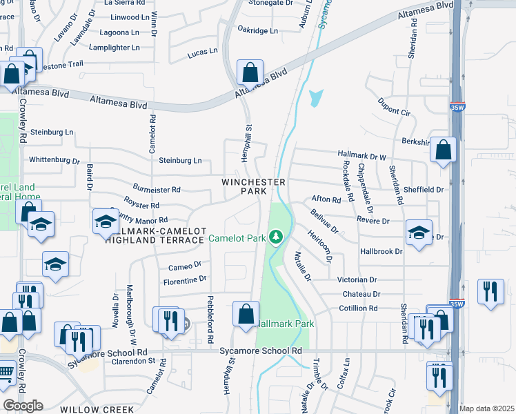 map of restaurants, bars, coffee shops, grocery stores, and more near 1101 Kielder Circle in Fort Worth