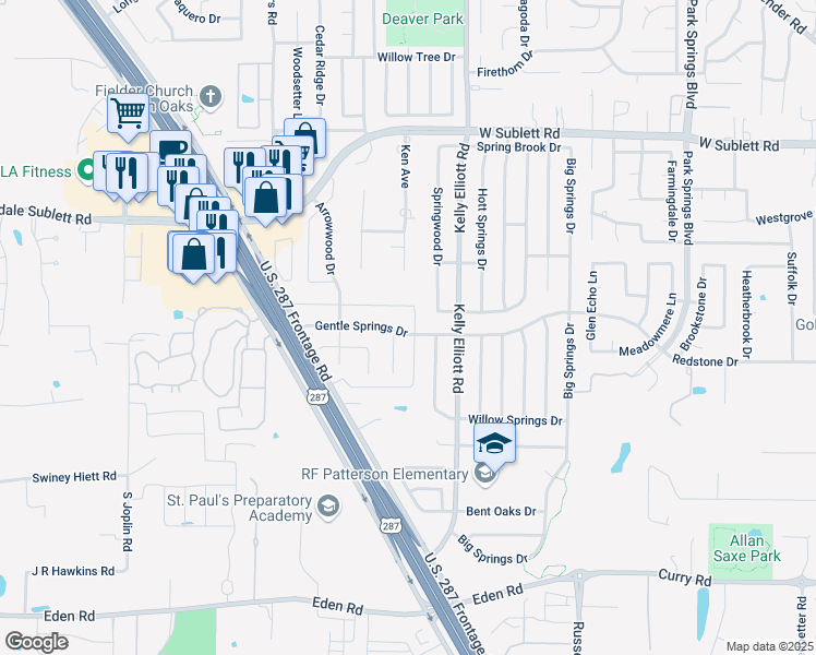 map of restaurants, bars, coffee shops, grocery stores, and more near 6241 Settlement Drive in Arlington