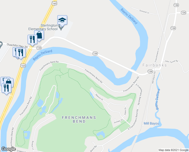 map of restaurants, bars, coffee shops, grocery stores, and more near Frenchmans Bend Road in Monroe