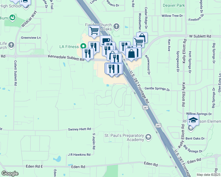 map of restaurants, bars, coffee shops, grocery stores, and more near 4901 Falcon Mill Road in Arlington