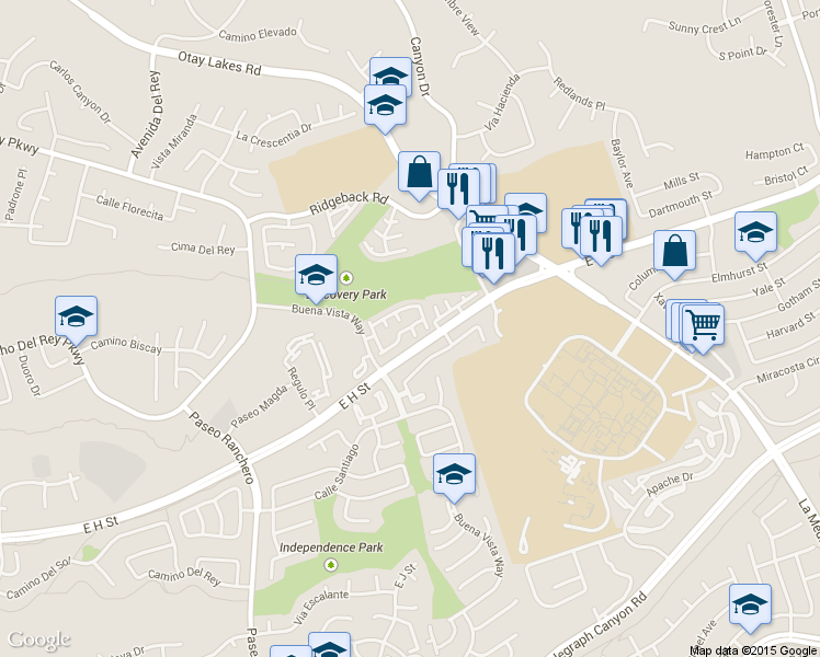 map of restaurants, bars, coffee shops, grocery stores, and more near 1374 Serena Circle in Chula Vista