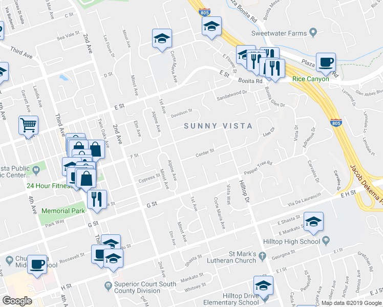map of restaurants, bars, coffee shops, grocery stores, and more near 74 F Street in Chula Vista
