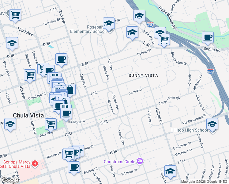 map of restaurants, bars, coffee shops, grocery stores, and more near 310 1st Avenue in Chula Vista