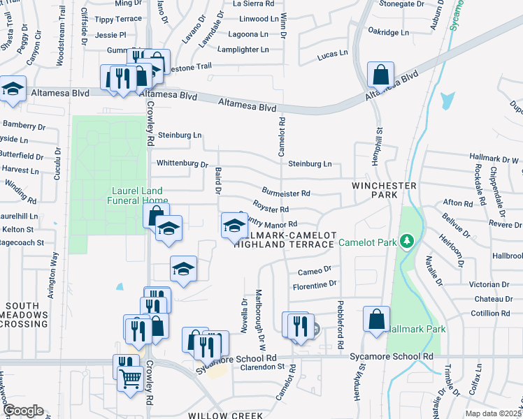 map of restaurants, bars, coffee shops, grocery stores, and more near 1404 Royster Road in Fort Worth