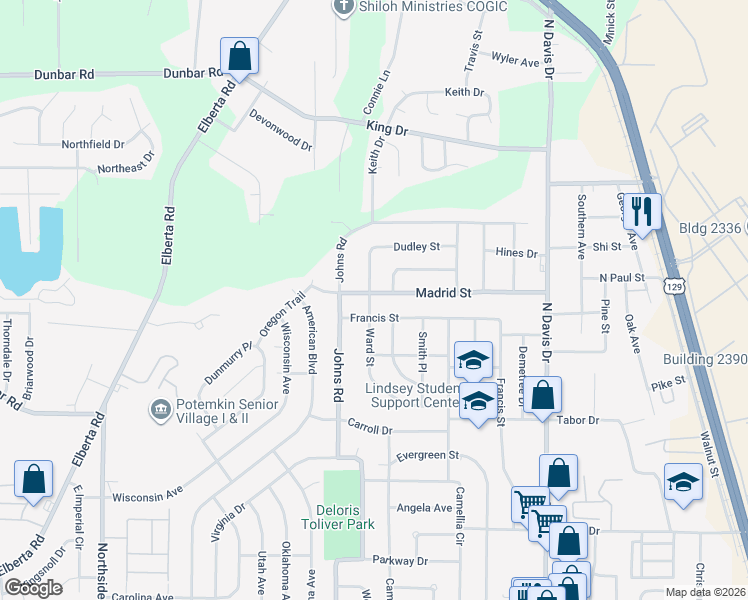 map of restaurants, bars, coffee shops, grocery stores, and more near 304 Ward Street in Warner Robins