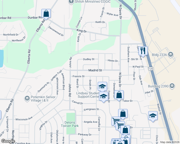 map of restaurants, bars, coffee shops, grocery stores, and more near 213 Madrid Street in Warner Robins