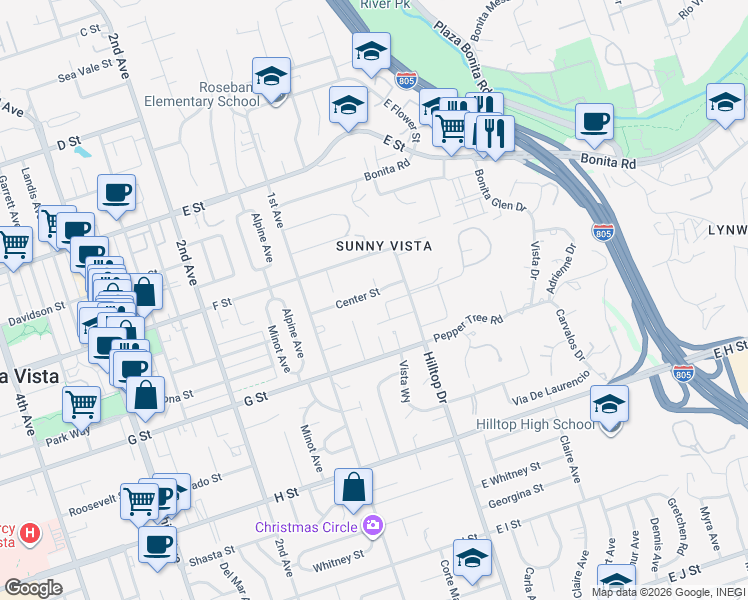 map of restaurants, bars, coffee shops, grocery stores, and more near 34 Center Street in Chula Vista