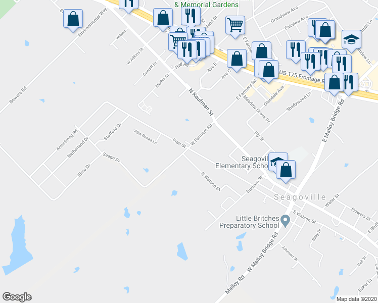 map of restaurants, bars, coffee shops, grocery stores, and more near 301 West Farmers Road in Seagoville