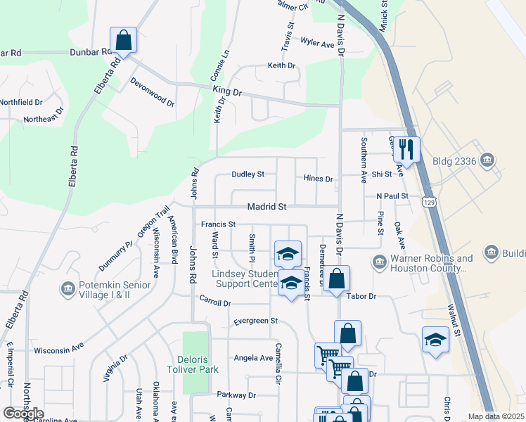 map of restaurants, bars, coffee shops, grocery stores, and more near 213 Madrid Street in Warner Robins