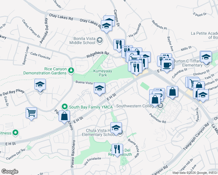 map of restaurants, bars, coffee shops, grocery stores, and more near 1337 Serena Circle in Chula Vista
