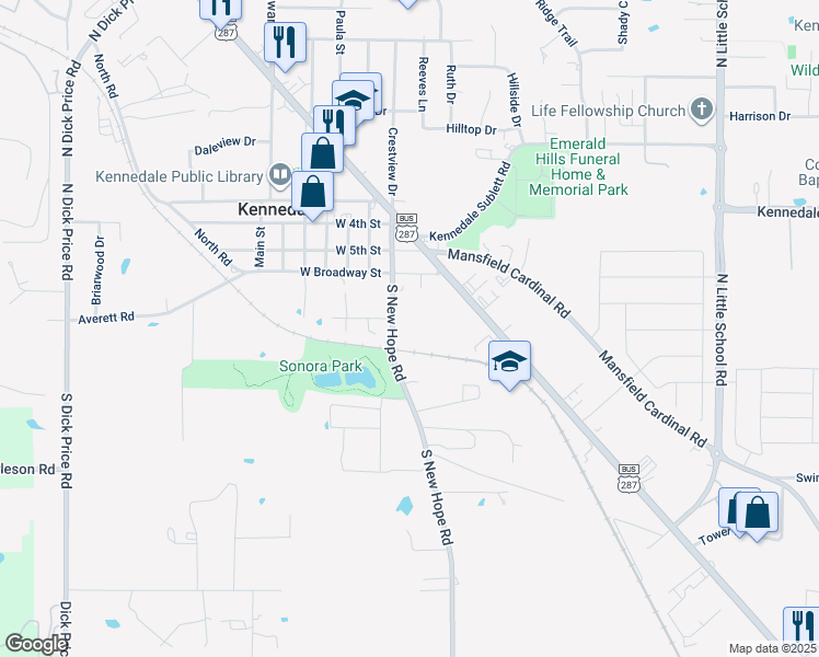 map of restaurants, bars, coffee shops, grocery stores, and more near 205 New Hope Road North in Kennedale