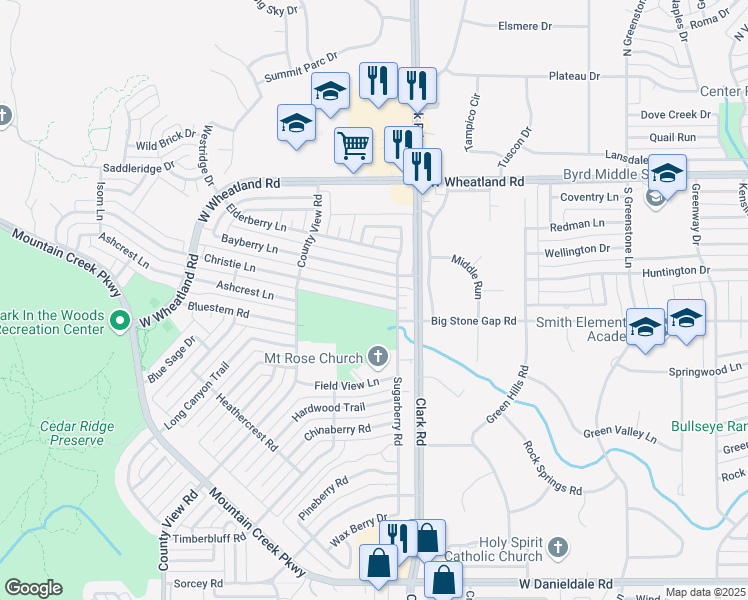 map of restaurants, bars, coffee shops, grocery stores, and more near 7110 Christie Lane in Dallas