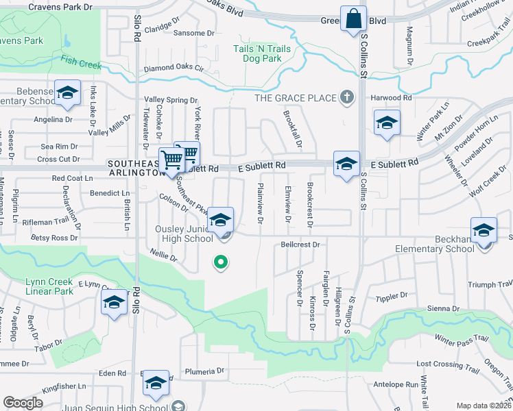 map of restaurants, bars, coffee shops, grocery stores, and more near 6316 Plainview Drive in Arlington
