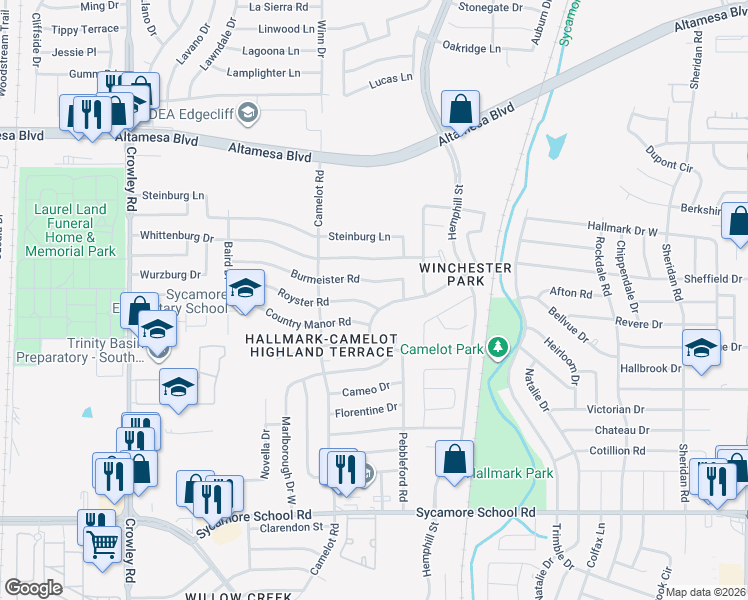 map of restaurants, bars, coffee shops, grocery stores, and more near 1304 Royster Road in Fort Worth