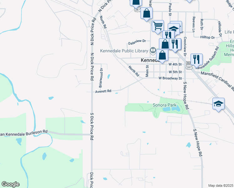map of restaurants, bars, coffee shops, grocery stores, and more near 615 Averett Road in Kennedale