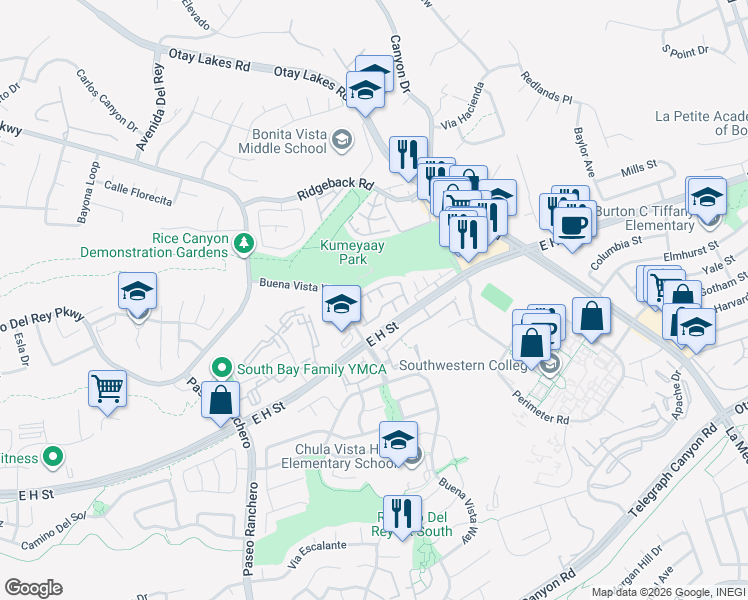 map of restaurants, bars, coffee shops, grocery stores, and more near 1337 Serena Circle in Chula Vista