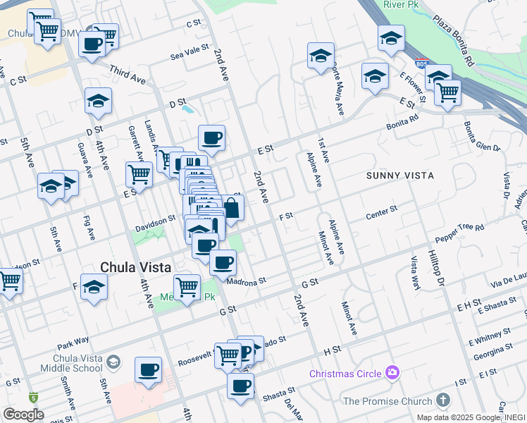 map of restaurants, bars, coffee shops, grocery stores, and more near 280 2nd Avenue in Chula Vista