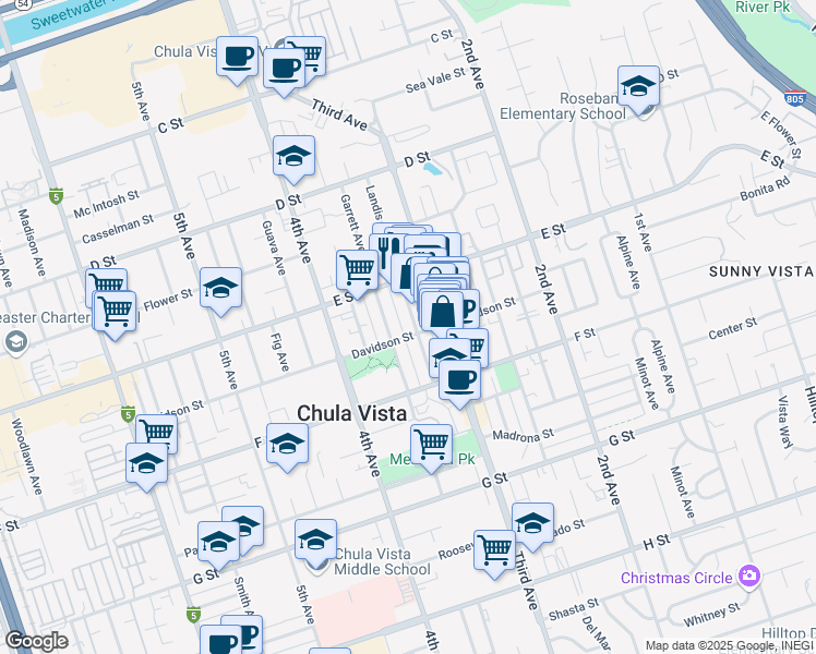 map of restaurants, bars, coffee shops, grocery stores, and more near 237 Garrett Avenue in Chula Vista