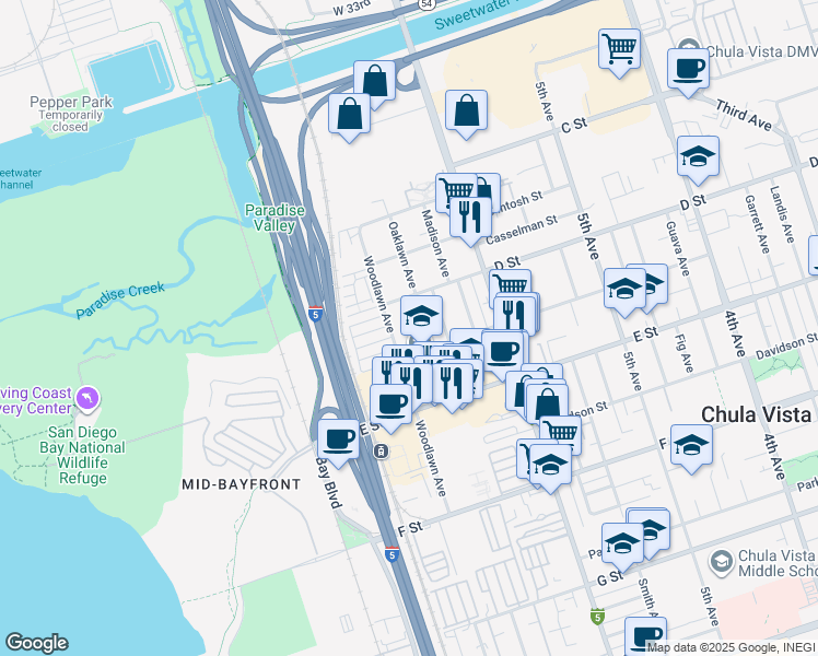 map of restaurants, bars, coffee shops, grocery stores, and more near 125 Oaklawn Avenue in Chula Vista