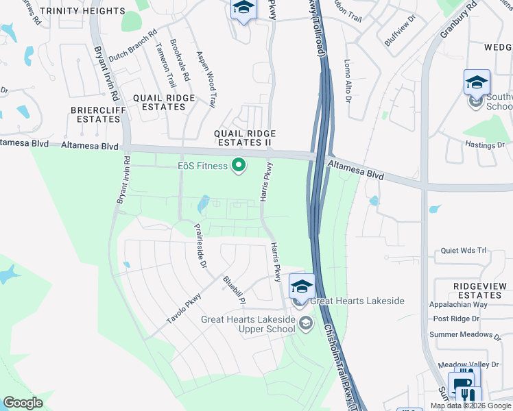 map of restaurants, bars, coffee shops, grocery stores, and more near Dirks Rd in Fort Worth