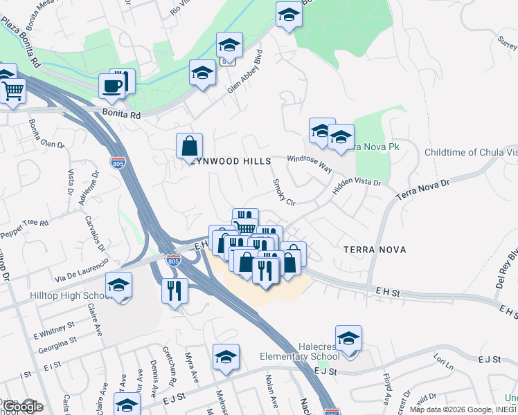 map of restaurants, bars, coffee shops, grocery stores, and more near 373 Windjammer Circle in Chula Vista