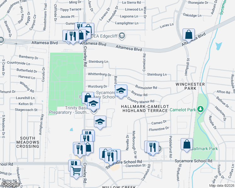 map of restaurants, bars, coffee shops, grocery stores, and more near 1616 Country Manor Road in Fort Worth