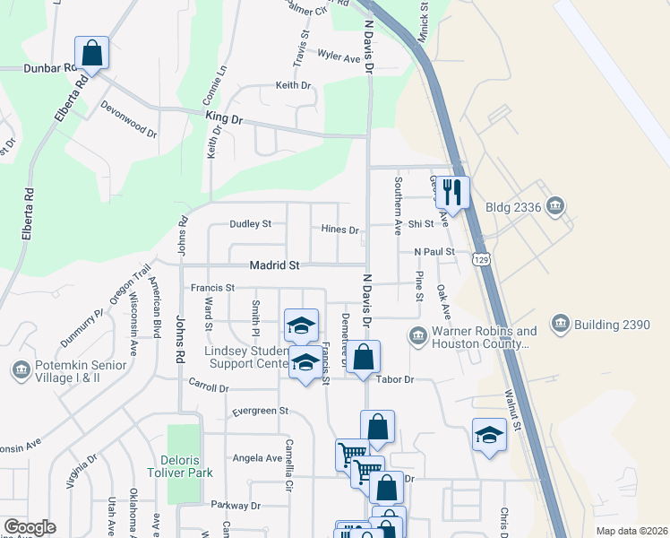 map of restaurants, bars, coffee shops, grocery stores, and more near 111 Madrid Street in Warner Robins