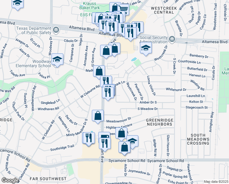 map of restaurants, bars, coffee shops, grocery stores, and more near 6812 Amber Drive in Fort Worth