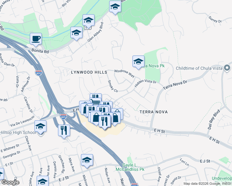 map of restaurants, bars, coffee shops, grocery stores, and more near 452 Smoky Cir in Chula Vista