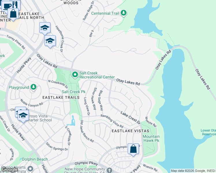 map of restaurants, bars, coffee shops, grocery stores, and more near 1255 Blue Sage Way in Chula Vista