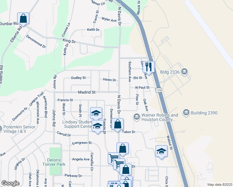 map of restaurants, bars, coffee shops, grocery stores, and more near 737 North Davis Drive in Warner Robins