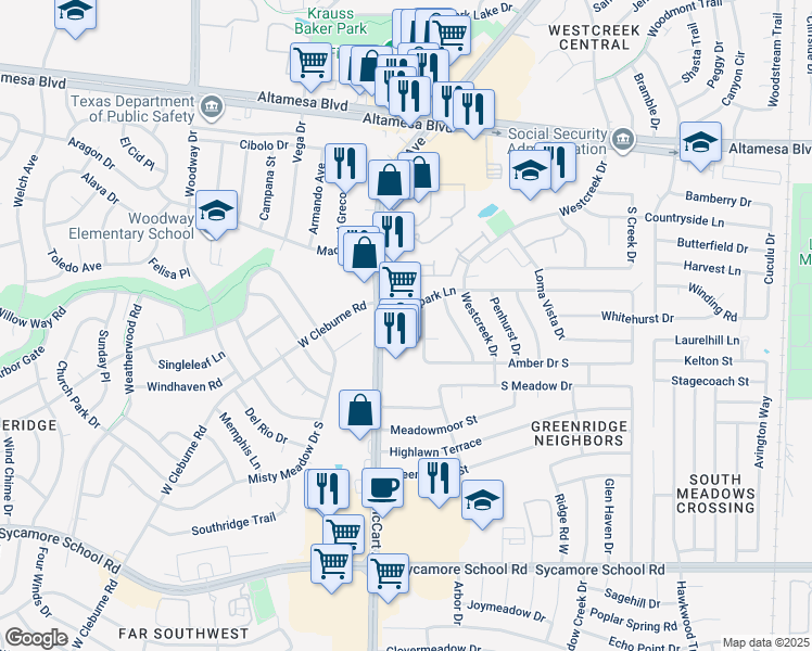 map of restaurants, bars, coffee shops, grocery stores, and more near 6812 Amber Drive in Fort Worth