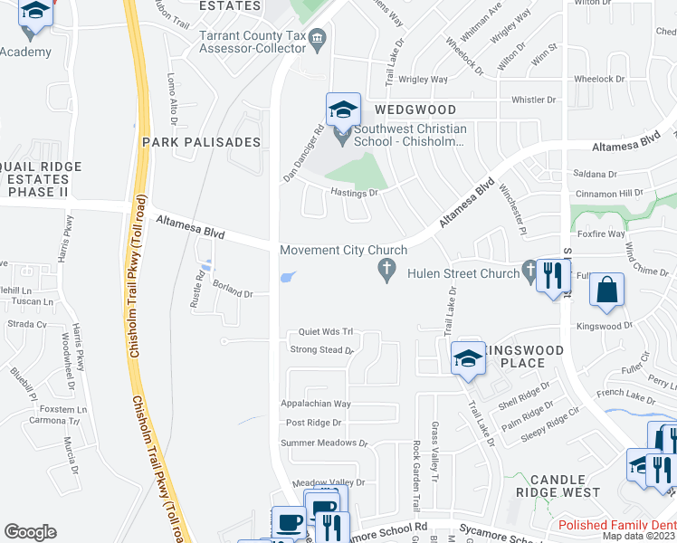 map of restaurants, bars, coffee shops, grocery stores, and more near 5349 Altamesa Boulevard in Fort Worth