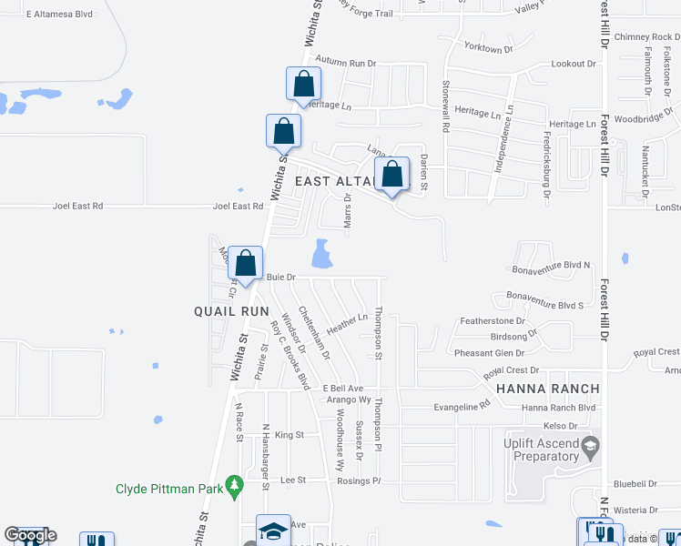 map of restaurants, bars, coffee shops, grocery stores, and more near 221 Buie Drive in Fort Worth
