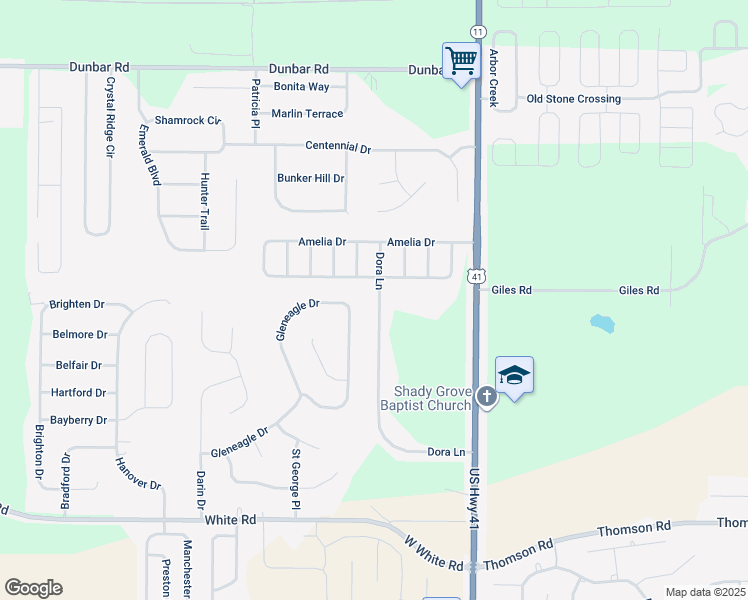 map of restaurants, bars, coffee shops, grocery stores, and more near 155 Dora Lane in Byron