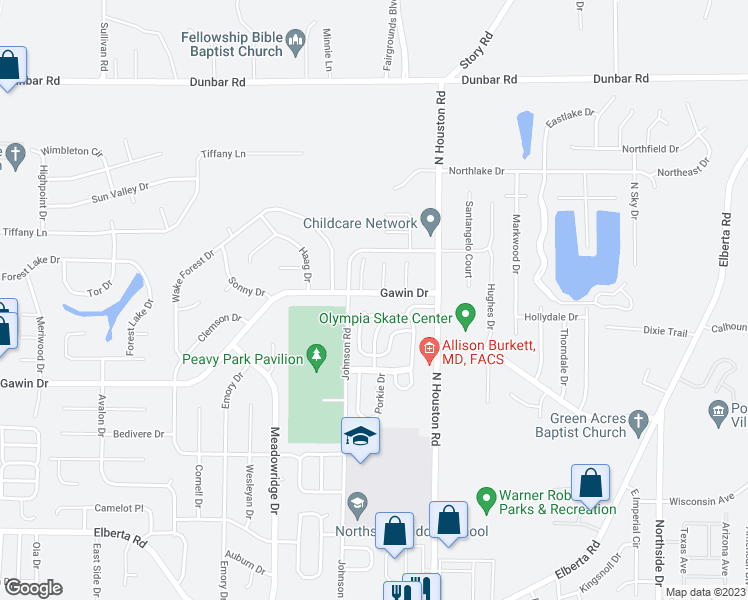 map of restaurants, bars, coffee shops, grocery stores, and more near 620 Gawin Drive in Warner Robins
