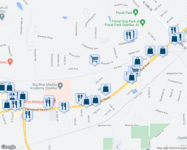 map of restaurants, bars, coffee shops, grocery stores, and more near 599 16th Place in Opelika