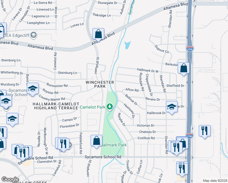 map of restaurants, bars, coffee shops, grocery stores, and more near 7020 Trimble Drive in Fort Worth