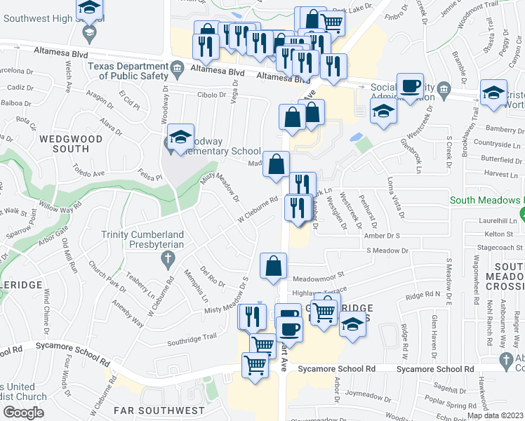 map of restaurants, bars, coffee shops, grocery stores, and more near 6907 West Cleburne Road in Fort Worth