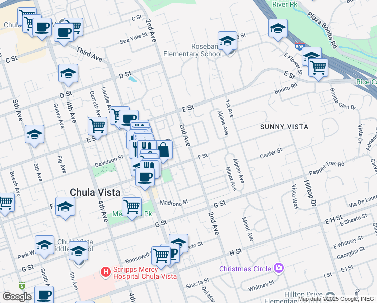 map of restaurants, bars, coffee shops, grocery stores, and more near 290 2nd Avenue in Chula Vista