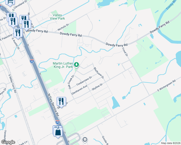 map of restaurants, bars, coffee shops, grocery stores, and more near 1200 Ridgewood Lane in Hutchins