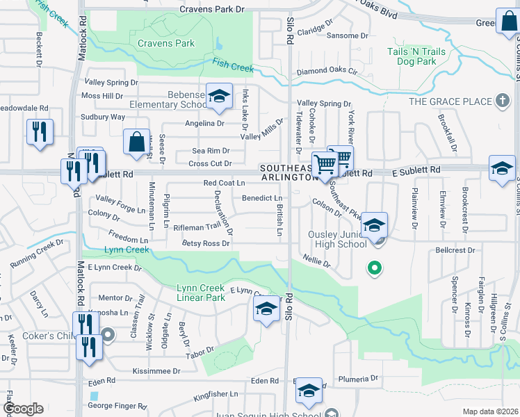 map of restaurants, bars, coffee shops, grocery stores, and more near 605 Rifleman Trail in Arlington
