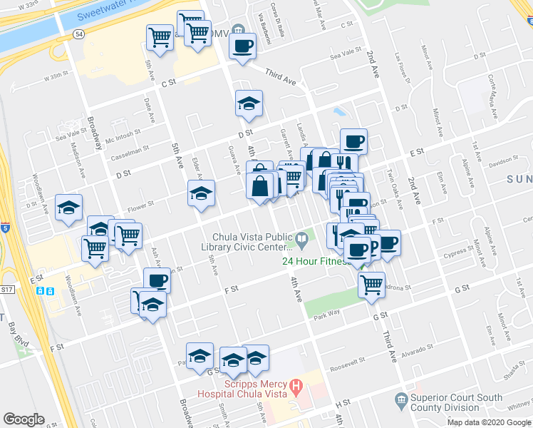 map of restaurants, bars, coffee shops, grocery stores, and more near 214 4th Avenue in Chula Vista