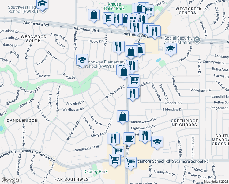 map of restaurants, bars, coffee shops, grocery stores, and more near 6907 West Cleburne Road in Fort Worth